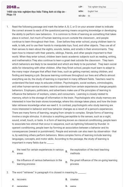 1400 câu trắc nghiệm Đọc hiểu Tiếng Anh có đáp án - Phần 19