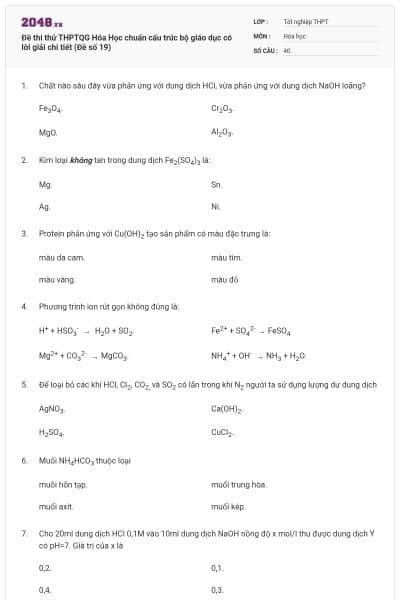 Đề thi thử THPTQG Hóa Học chuẩn cấu trúc bộ giáo dục có lời giải chi tiết (Đề số 19)