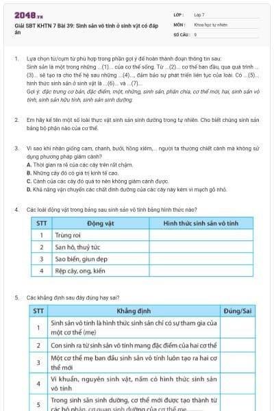 Giải SBT KHTN 7 Bài 39: Sinh sản vô tính ở sinh vật có đáp án