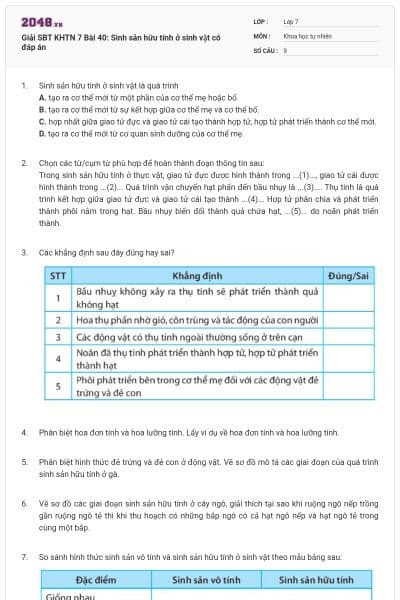 Giải SBT KHTN 7 Bài 40: Sinh sản hữu tính ở sinh vật  có đáp án