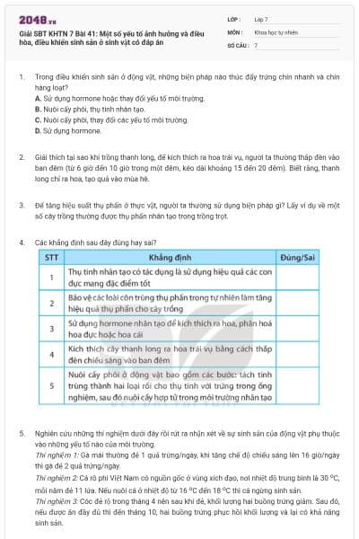 Giải SBT KHTN 7 Bài 41: Một số yếu tố ảnh hưởng và điều hòa, điều khiển sinh sản ở sinh vật có đáp án