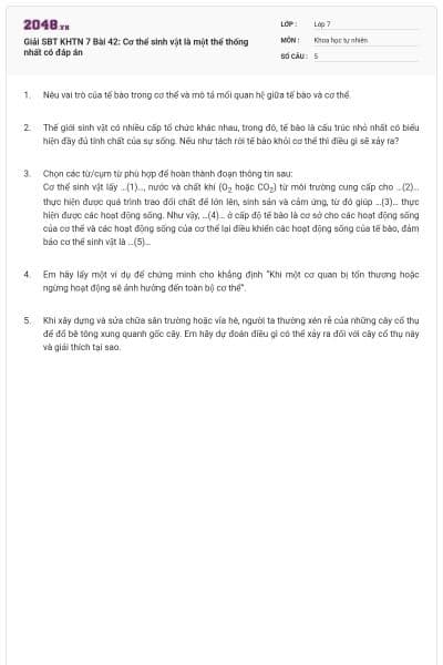 Giải SBT KHTN 7 Bài 42: Cơ thể sinh vật là một thể thống nhất có đáp án