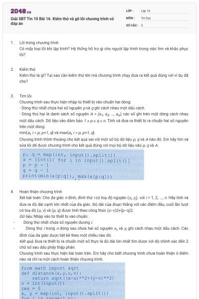 Giải SBT Tin 10 Bài 16. Kiểm thử và gỡ lỗi chương trình có đáp án