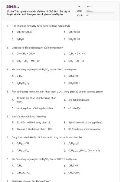 20 câu Trắc nghiệm chuyên đề Hóa 11 Chủ đề 1. Bài tập lý thuyết về dẫn xuất halogen, ancol, phenol có đáp án