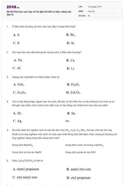Đề thi Hóa học cực hay có lời giải chi tiết cơ bản, nâng cao (Đề 4)