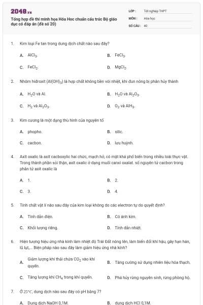 Tổng hợp đề thi minh họa Hóa Hoc chuẩn cấu trúc Bộ giáo dục có đáp án (đề số 20)