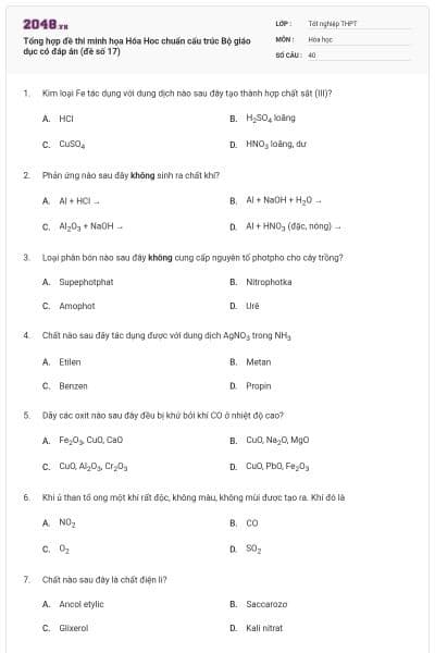 Tổng hợp đề thi minh họa Hóa Hoc chuẩn cấu trúc Bộ giáo dục có đáp án (đề số 17)