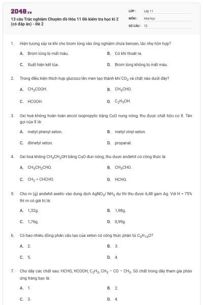 13 câu Trắc nghiệm Chuyên đề Hóa 11 Đề kiểm tra học kì 2 (có đáp án) - Đề 2