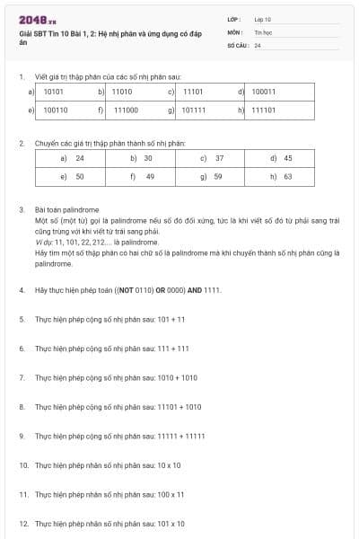 Giải SBT Tin 10 Bài 1, 2: Hệ nhị phân và ứng dụng có đáp án