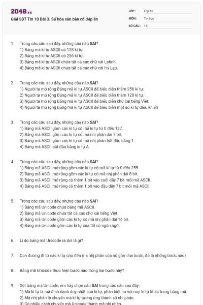Giải SBT Tin 10 Bài 3. Số hóa văn bản có đáp án