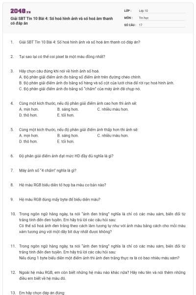 Giải SBT Tin 10 Bài 4: Số hoá hình ảnh và số hoá âm thanh có đáp án