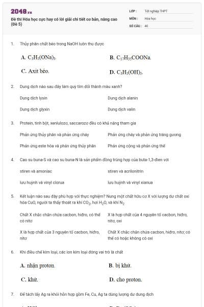 Đề thi Hóa học cực hay có lời giải chi tiết cơ bản, nâng cao (Đề 5)