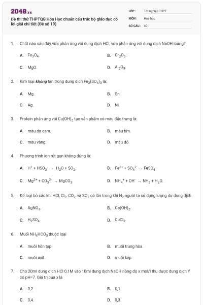 Đề thi thử THPTQG Hóa Học chuẩn cấu trúc bộ giáo dục có lời giải chi tiết (Đề số 19)