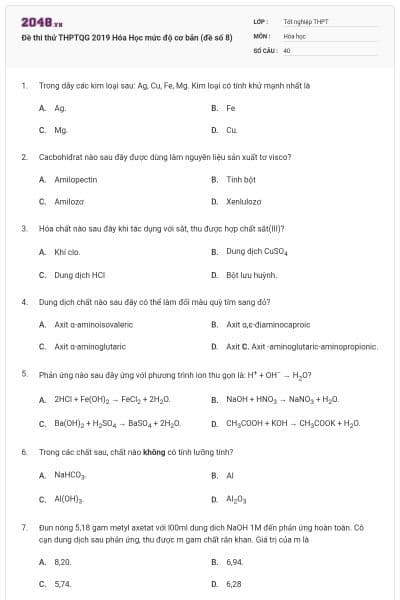 Đề thi thử THPTQG 2019 Hóa Học mức độ cơ bản (đề số 8)