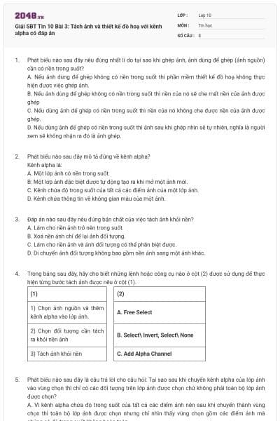 Giải SBT Tin 10 Bài 3: Tách ảnh và thiết kế đồ hoạ với kênh alpha có đáp án