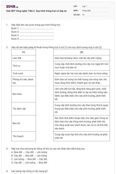 Giải SBT Công nghệ 7 Bài 2. Quy trình trồng trọt có đáp án