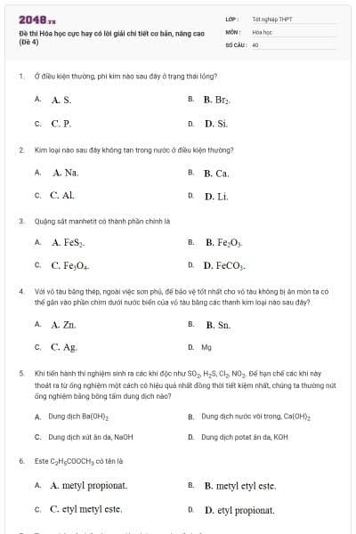 Đề thi Hóa học cực hay có lời giải chi tiết cơ bản, nâng cao (Đề 4)