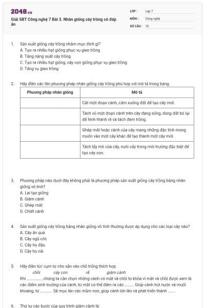 Giải SBT Công nghệ 7 Bài 3. Nhân giống cây trồng có đáp án