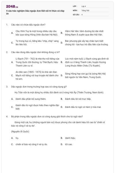 4 câu trắc nghiệm Dấu ngoặc đơn Kết nối tri thức có đáp án