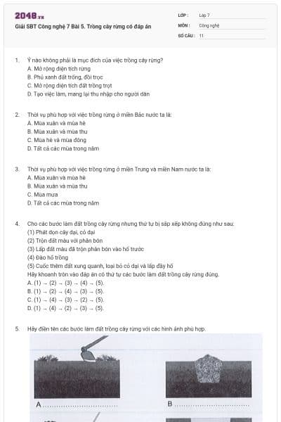 Giải SBT Công nghệ 7 Bài 5. Trồng cây rừng có đáp án