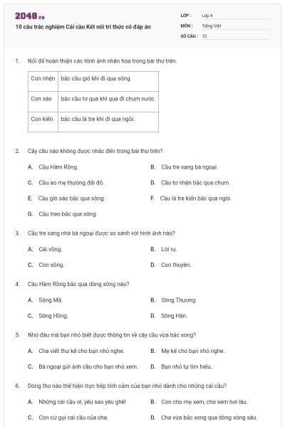 10 câu trắc nghiệm Cái cầu Kết nối tri thức có đáp án
