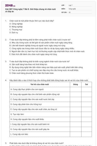 Giải SBT Công nghệ 7 Bài 8. Giới thiệu chung về chăn nuôi có đáp án