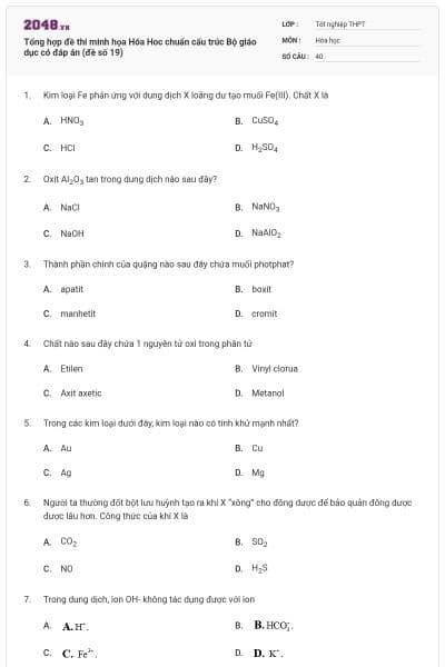 Tổng hợp đề thi minh họa Hóa Hoc chuẩn cấu trúc Bộ giáo dục có đáp án (đề số 19)