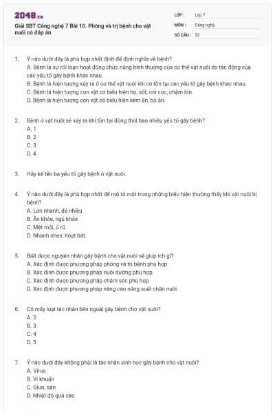 Giải SBT Công nghệ 7 Bài 10. Phòng và trị bệnh cho vật nuôi có đáp án