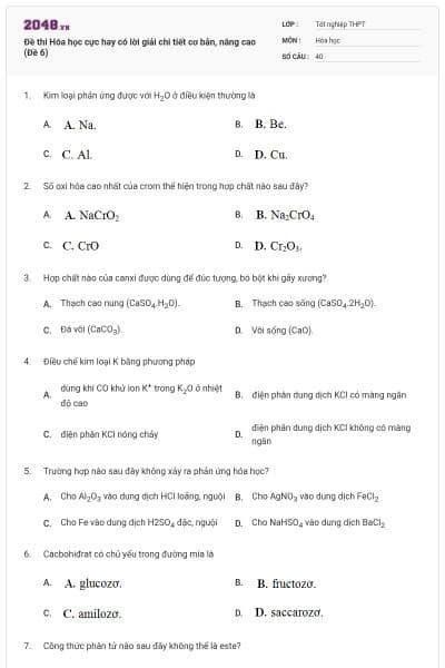 Đề thi Hóa học cực hay có lời giải chi tiết cơ bản, nâng cao (Đề 6)