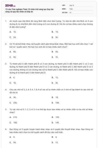 15 câu Trắc nghiệm Toán 10 chân trời sáng tạo Quy tắc cộng và quy tắc nhân có đáp án