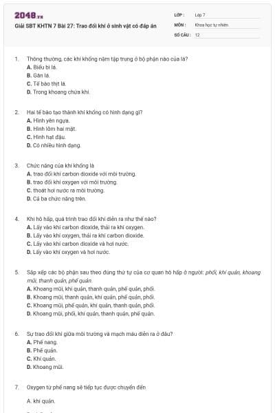 Giải SBT KHTN 7 Bài 27: Trao đổi khí ở sinh vật có đáp án