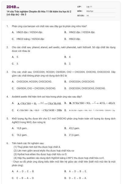 14 câu Trắc nghiệm Chuyên đề Hóa 11 Đề kiểm tra học kì 2 (có đáp án) - Đề 3