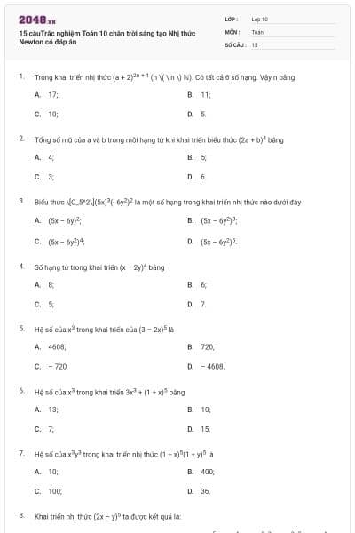 15 câuTrắc nghiệm Toán 10 chân trời sáng tạo Nhị thức Newton có đáp án