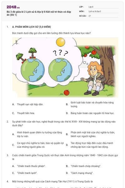 Bộ 3 đề giữa kì 2 Lịch sử & Địa lý 8 Kết nối tri thức có đáp án (Đề 1)