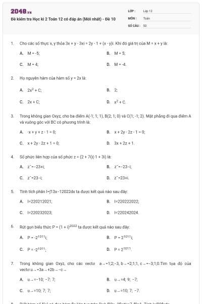 Đề kiểm tra Học kì 2 Toán 12 có đáp án (Mới nhất) - Đề 10