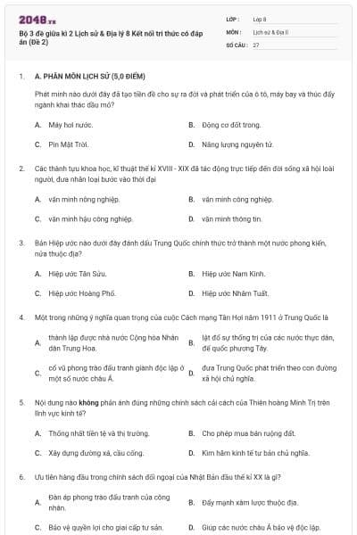 Bộ 3 đề giữa kì 2 Lịch sử & Địa lý 8 Kết nối tri thức có đáp án (Đề 2)