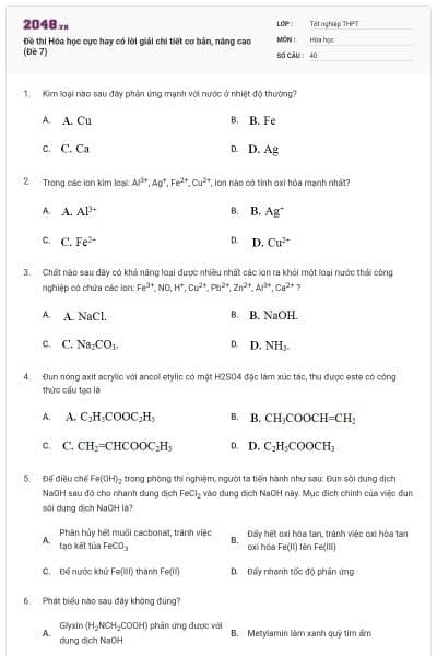 Đề thi Hóa học cực hay có lời giải chi tiết cơ bản, nâng cao (Đề 7)