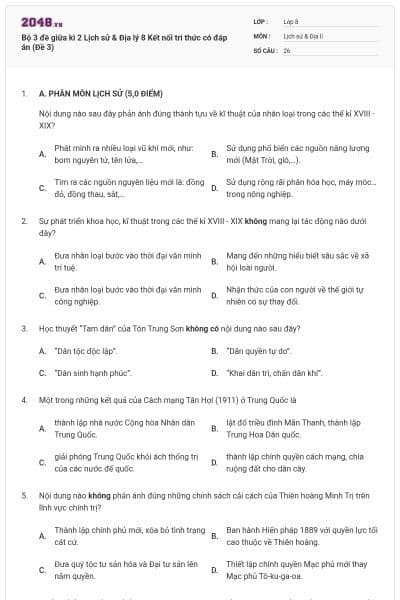 Bộ 3 đề giữa kì 2 Lịch sử & Địa lý 8 Kết nối tri thức có đáp án (Đề 3)