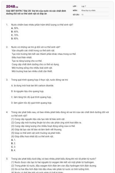 Giải SBT KHTN 7 Bài 28: Vai trò của nước và các chất dinh dưỡng đối với cơ thể sinh vật có đáp án