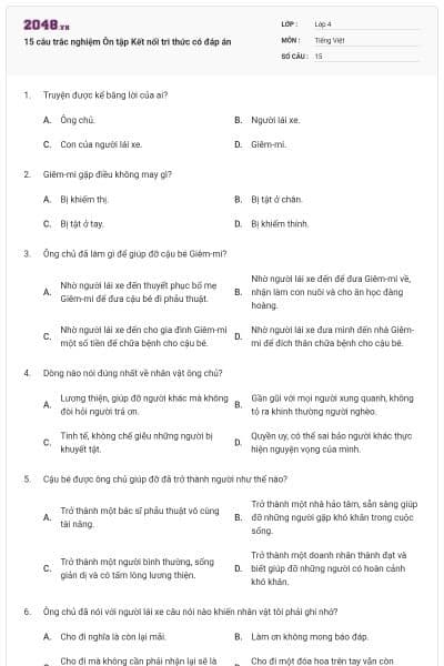 15 câu trắc nghiệm Ôn tập Kết nối tri thức có đáp án