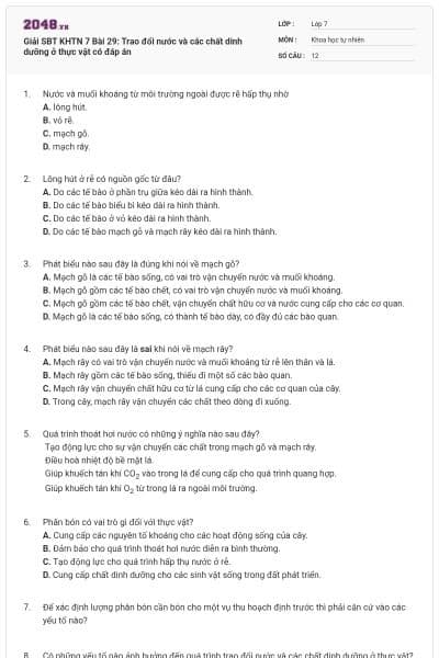 Giải SBT KHTN 7 Bài 29: Trao đổi nước và các chất dinh dưỡng ở thực vật có đáp án