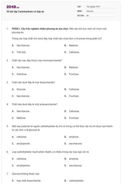 50 bài tập Carbohydrate có đáp án