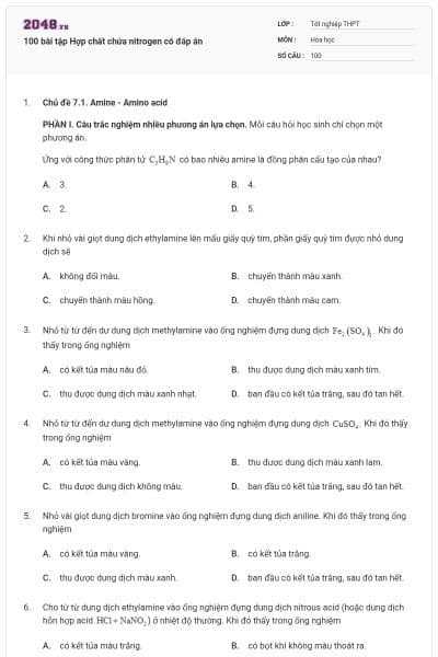 100 bài tập Hợp chất chứa nitrogen có đáp án