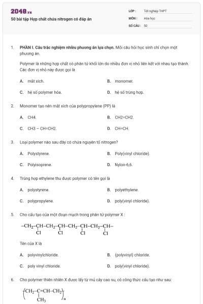 50 bài tập Hợp chất chứa nitrogen có đáp án