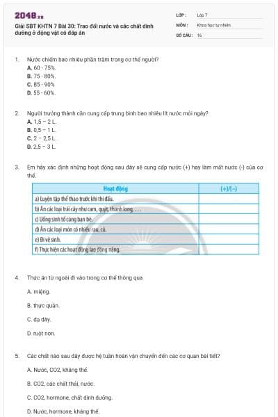 Giải SBT KHTN 7 Bài 30: Trao đổi nước và các chất dinh dưỡng ở động vật có đáp án