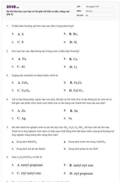 Đề thi Hóa học cực hay có lời giải chi tiết cơ bản, nâng cao (Đề 4)