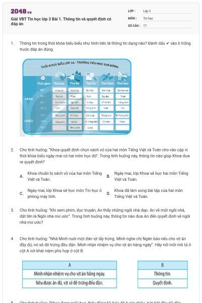 Giải VBT Tin học lớp 3 Bài 1. Thông tin và quyết định có đáp án