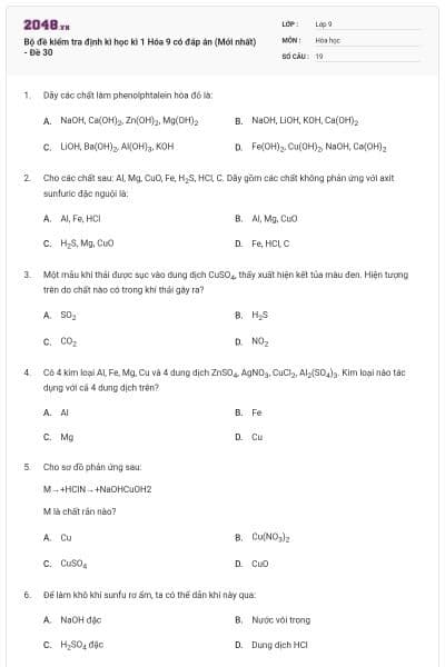 Bộ đề kiểm tra định kì học kì 1 Hóa 9 có đáp án (Mới nhất) - Đề 30