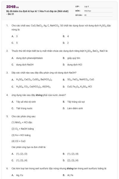 Bộ đề kiểm tra định kì học kì 1 Hóa 9 có đáp án (Mới nhất) - Đề 31