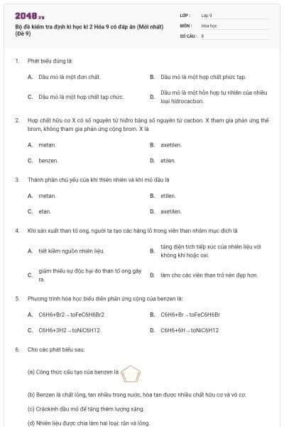 Bộ đề kiểm tra định kì học kì 2 Hóa 9 có đáp án (Mới nhất) (Đề 9)